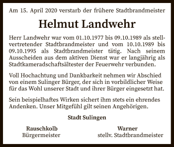 Traueranzeige von Helmut Landwehr von SYK