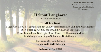 Traueranzeige von Helmut Langhorst von SYK