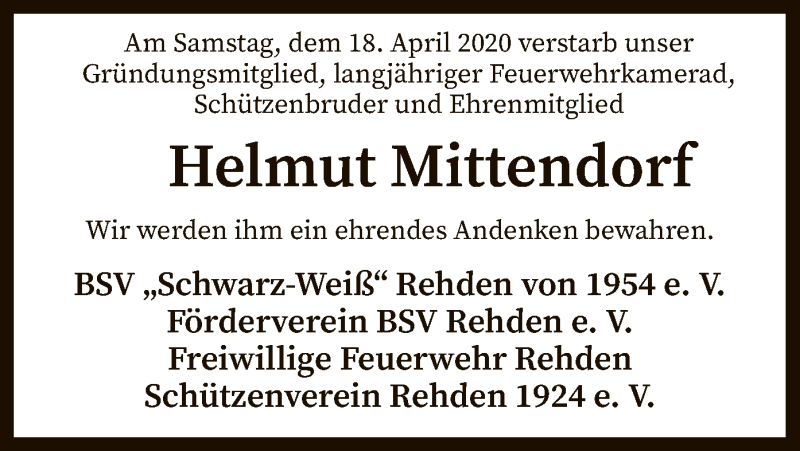  Traueranzeige für Helmut Mittendorf vom 22.04.2020 aus SYK