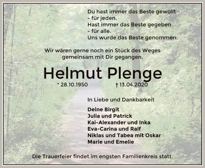  Traueranzeige für Helmut Plenge vom 18.04.2020 aus SYK