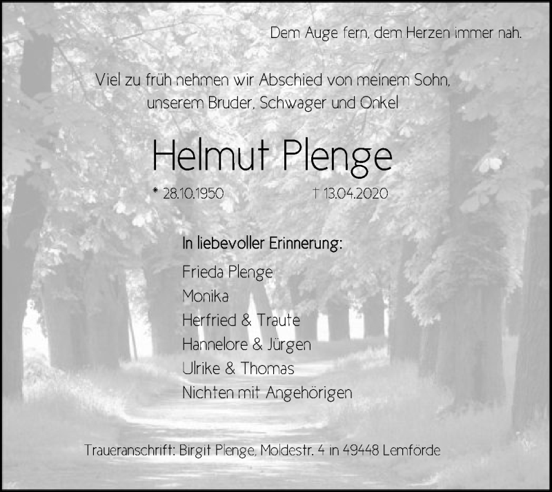  Traueranzeige für Helmut Plenge vom 22.04.2020 aus SYK