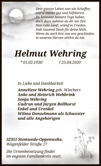 Traueranzeige von Helmut Wehring von SYK