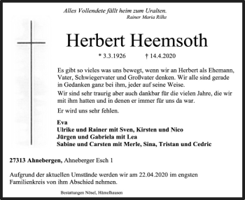 Traueranzeige von Herbert Heemsoth von SYK