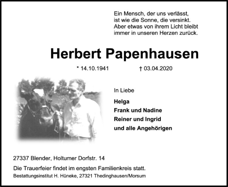  Traueranzeige für Herbert Papenhausen vom 07.04.2020 aus SYK