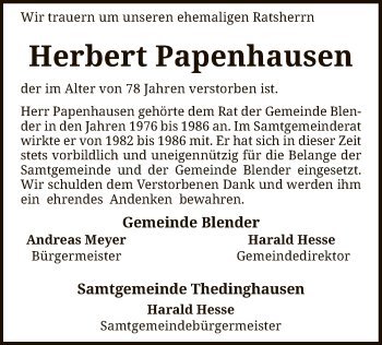 Traueranzeige von Herbert Papenhausen von SYK