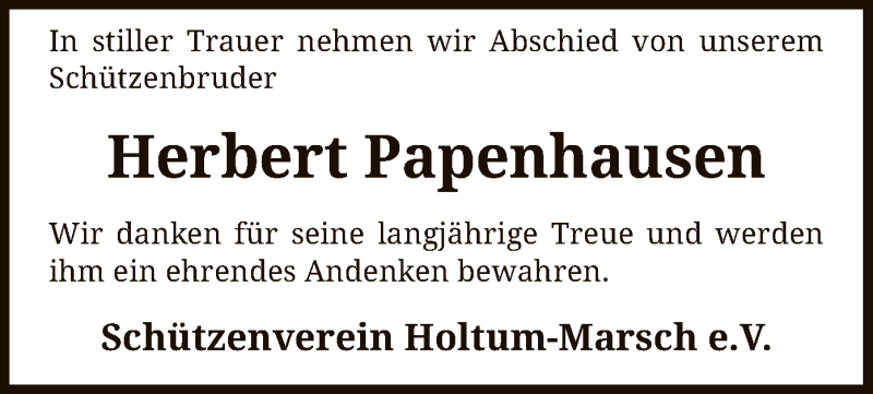  Traueranzeige für Herbert Papenhausen vom 09.04.2020 aus SYK