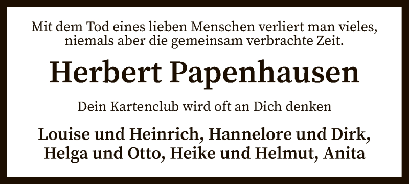  Traueranzeige für Herbert Papenhausen vom 08.04.2020 aus SYK
