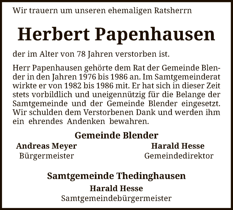  Traueranzeige für Herbert Papenhausen vom 14.04.2020 aus SYK