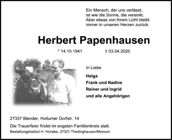 Traueranzeige von Herbert Papenhausen von SYK