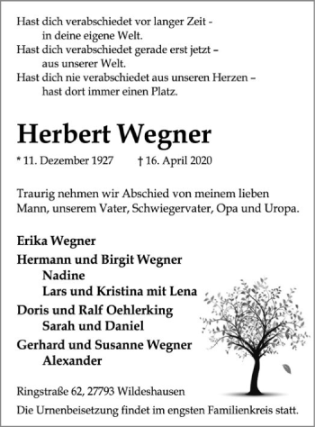 Traueranzeige von Herbert Wegner von SYK