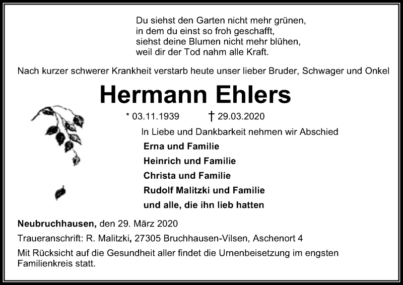  Traueranzeige für Hermann Ehlers vom 04.04.2020 aus SYK