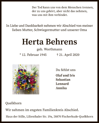 Traueranzeige von Herta Behrens von SYK