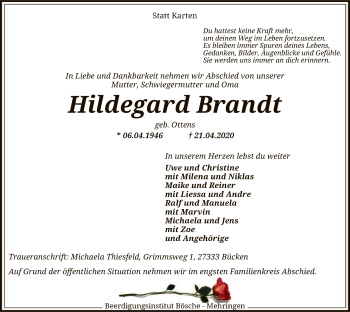 Traueranzeigen Von Hildegard Brandt | Trauer.kreiszeitung.de