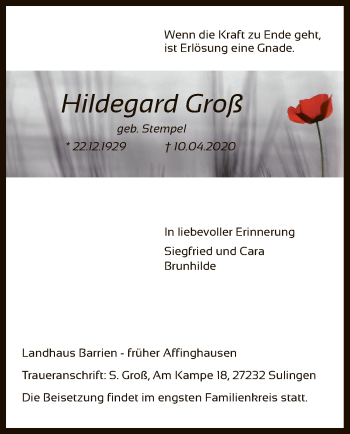 Traueranzeige von Hildegard Groß von SYK