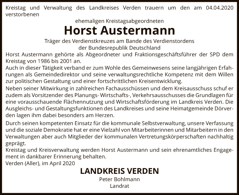  Traueranzeige für Horst Austermann vom 09.04.2020 aus SYK