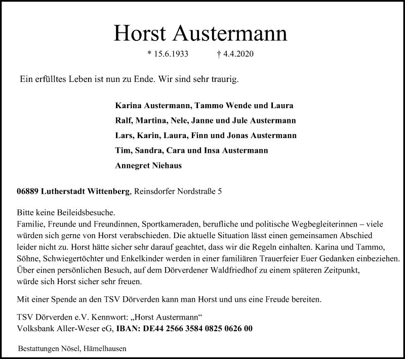  Traueranzeige für Horst Austermann vom 08.04.2020 aus SYK