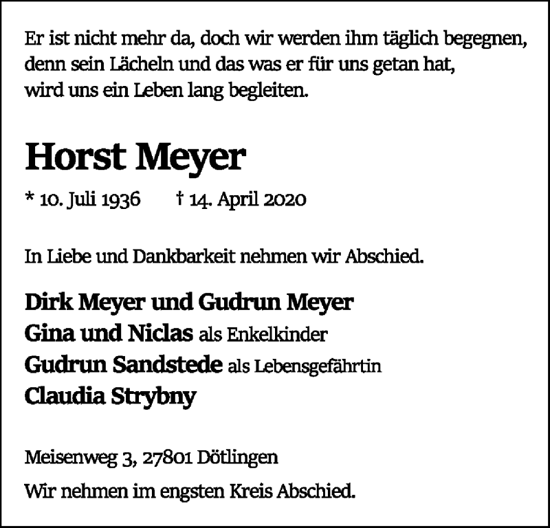  Traueranzeige für Horst Meyer vom 18.04.2020 aus SYK