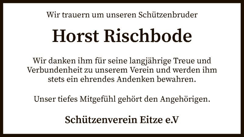  Traueranzeige für Horst Rischbode vom 18.04.2020 aus SYK
