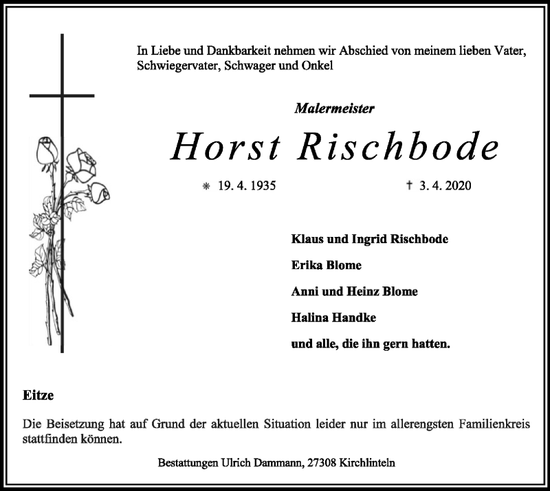  Traueranzeige für Horst Rischbode vom 18.04.2020 aus SYK