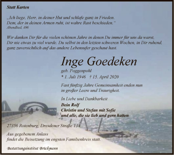 Traueranzeige von Inge Goedeken von SYK