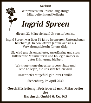 Traueranzeige von Ingrid Spreen von SYK