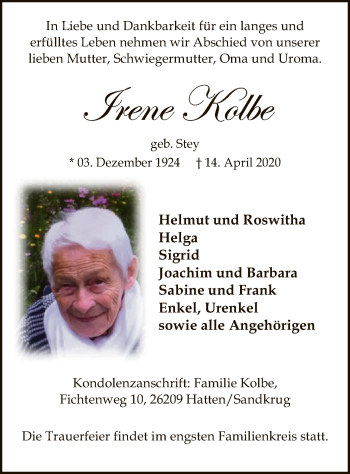 Traueranzeige von Irene Kolbe von SYK