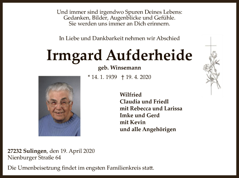  Traueranzeige für Irmgard Aufderheide vom 25.04.2020 aus SYK