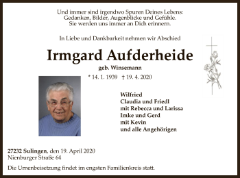 Traueranzeige von Irmgard Aufderheide von SYK