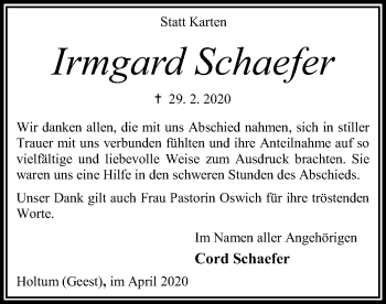 Traueranzeige von Irmgard Schaefer von SYK