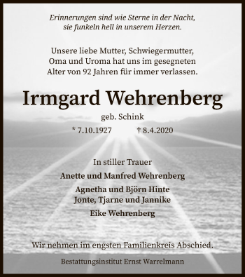 Traueranzeige von Irmgard Wehrenberg von SYK