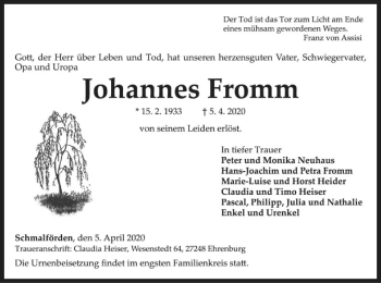 Traueranzeige von Johannes Fromm von SYK