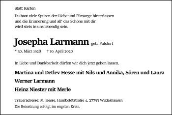 Traueranzeige von Josepha Larmann von SYK