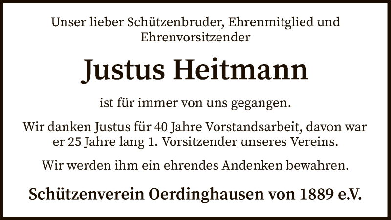  Traueranzeige für Justus Heitmann vom 18.04.2020 aus SYK