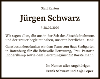 Traueranzeige von Jürgen Schwarz von SYK