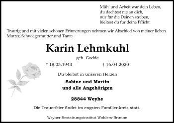 Traueranzeige von Karin Lehmkuhl von SYK