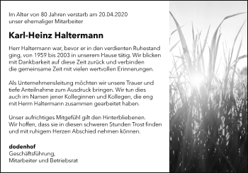 Traueranzeige von Karl-Heinz Haltermann von SYK