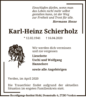 Traueranzeige von Karl-Heinz Schierholz von SYK