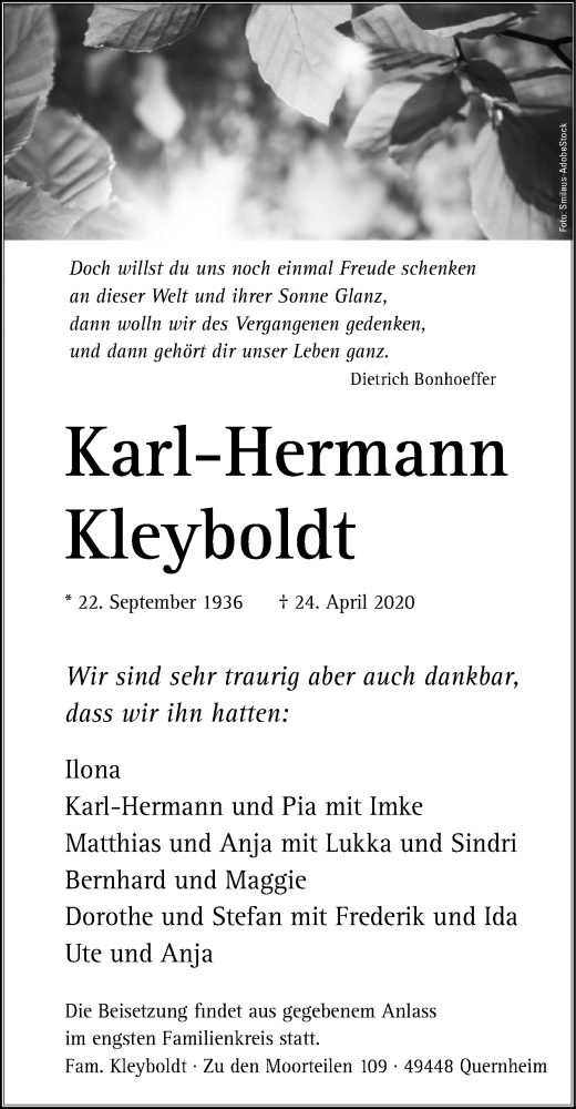  Traueranzeige für Karl-Hermann Kleyboldt vom 28.04.2020 aus SYK