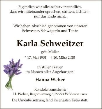 Traueranzeige von Karla Schweitzer von SYK