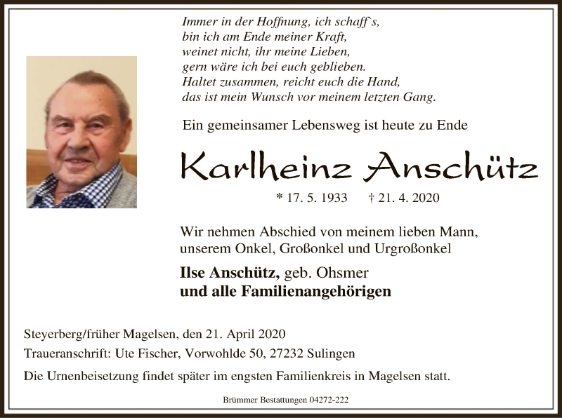  Traueranzeige für Karlheinz Anschütz vom 24.04.2020 aus SYK