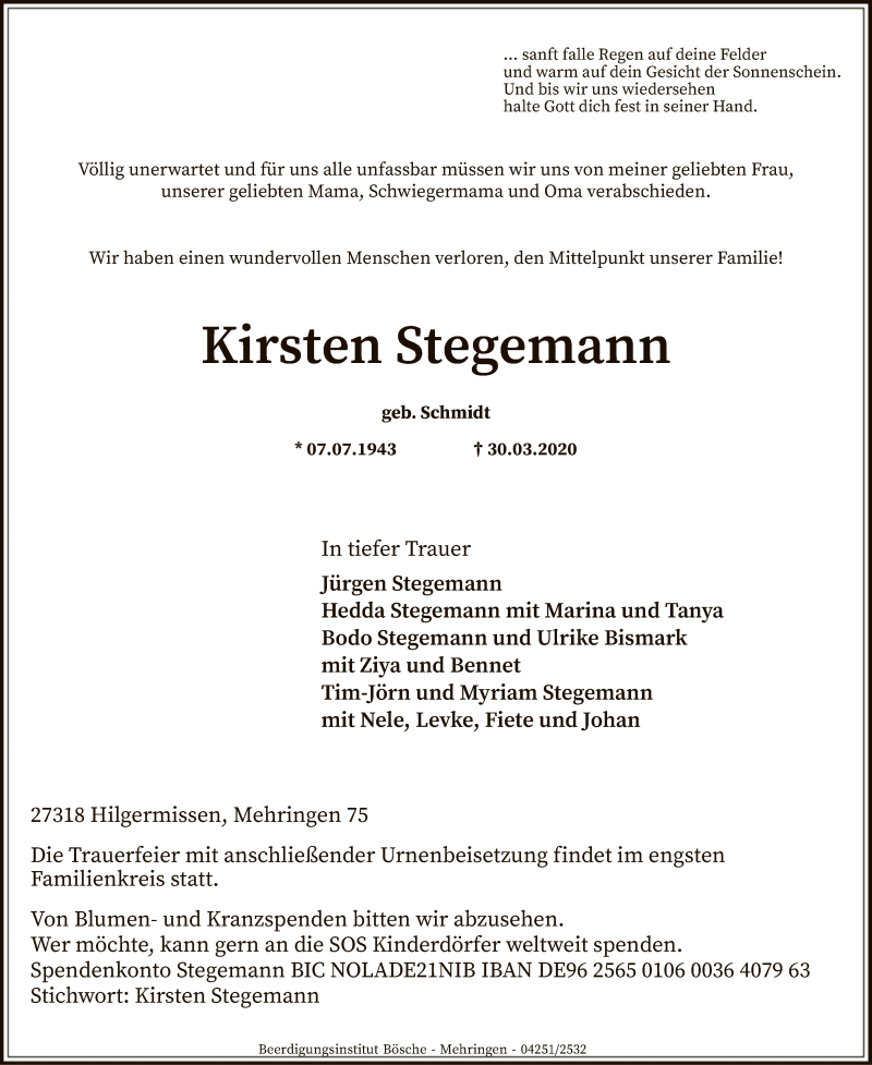  Traueranzeige für Kirsten Stegemann vom 04.04.2020 aus SYK