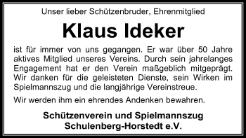 Traueranzeige von Klaus Ideker von SYK