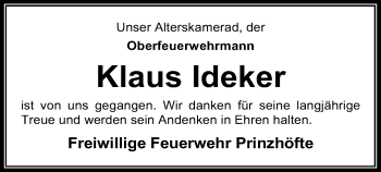 Traueranzeige von Klaus Ideker von SYK