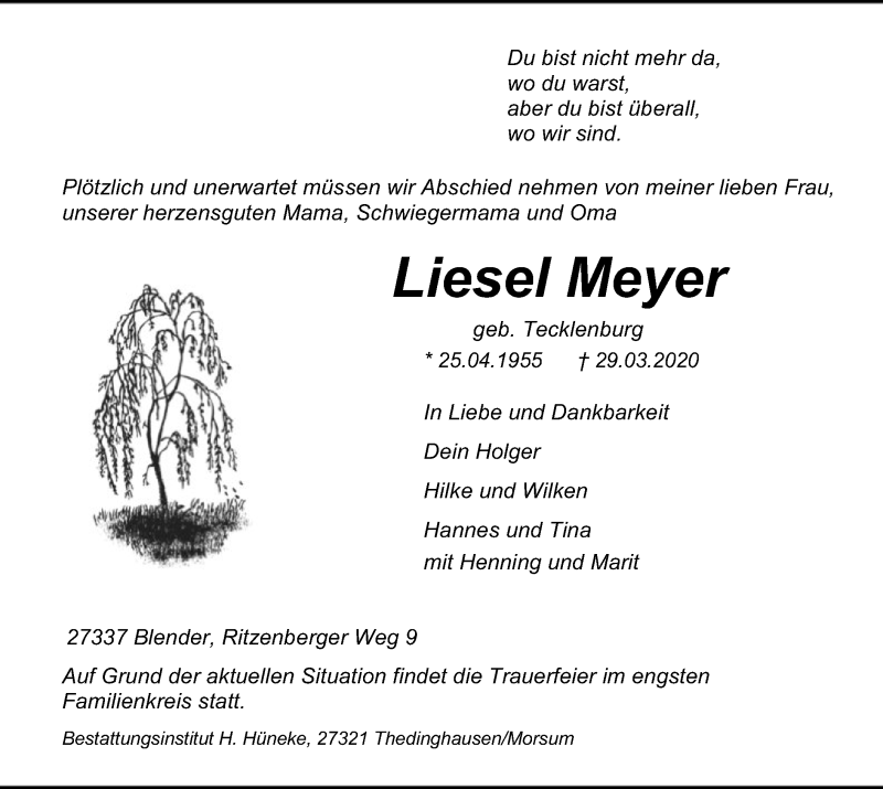  Traueranzeige für Liesel Meyer vom 01.04.2020 aus SYK