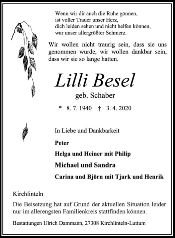 Traueranzeige von Lilli Besel von SYK