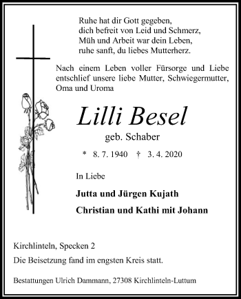 Traueranzeige von Lilli Besel von SYK