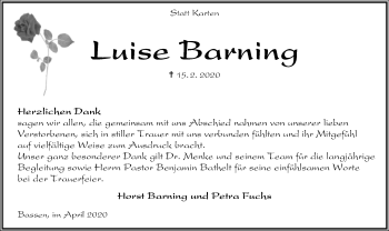 Traueranzeige von Luise Barning von SYK