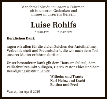 Traueranzeige von Luise Rohlfs von SYK