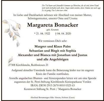 Traueranzeige von Margareta Bonacker von SYK