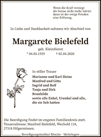 Traueranzeige von Margarete Bielefeld von SYK